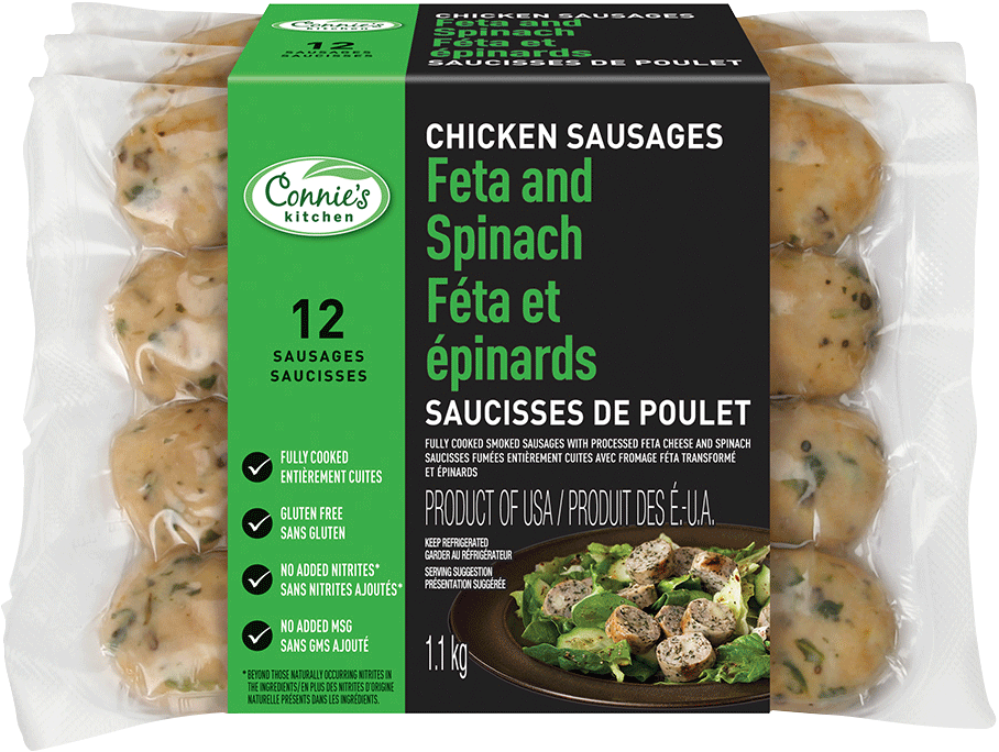 Connie's Kitchen Chicken Sausages Feta and Spinach packaging