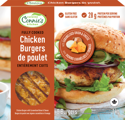Connie's Kitchen Fully Cooked Chicken Burgers with Caramelised Onion and Cheese packaging