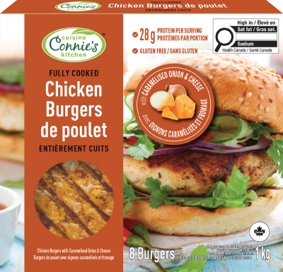 Connie's Kitchen Fully Cooked Chicken Burgers with Caramelised Onion and Cheese packaging