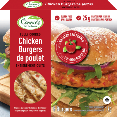 Burgers de poulet entièrement cuits de Connie's Kitchen avec emballage de poivrons rouges rôtis