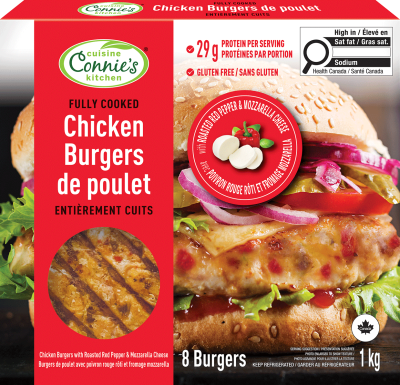 Connie's Kitchen Fully Cooked Chicken Burgers with Roasted Red Pepper and Mozzarella Cheese packaging