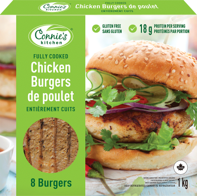 Connie's Kitchen Fully Cooked Chicken Burgers packaging